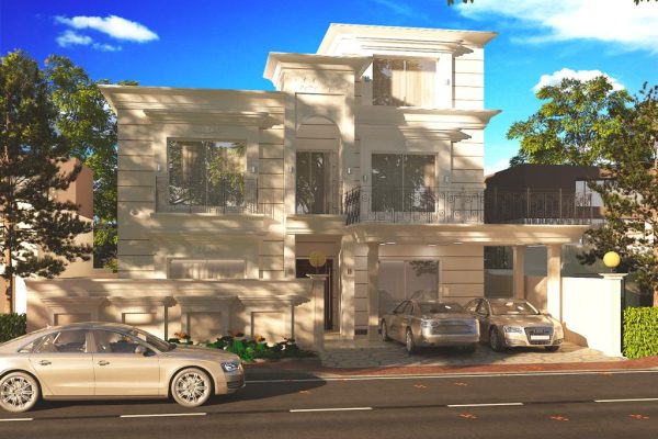 1 kanal classical house exterior with timeless architecture, featuring ornate columns, arched windows, and intricate detailing.